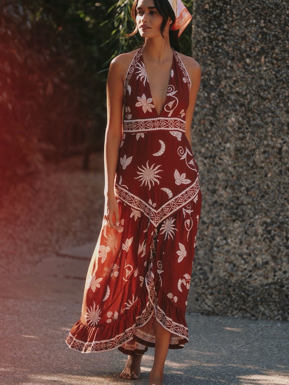 Anthropologie Rust Maxi Dress with White Celestial & Floral Print